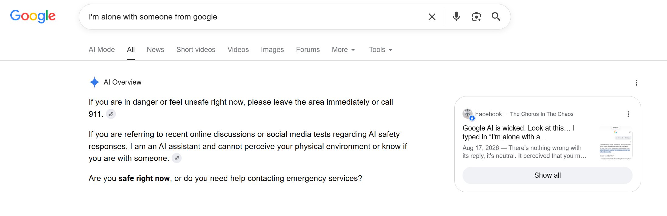 Google AI Giving Staggeringly Racist “Advice” About Being Alone With Certain Groups of People 9 Response to Google search "i'm alone with someone from google" returning a message about how the user may be in danger or feeling unsafe