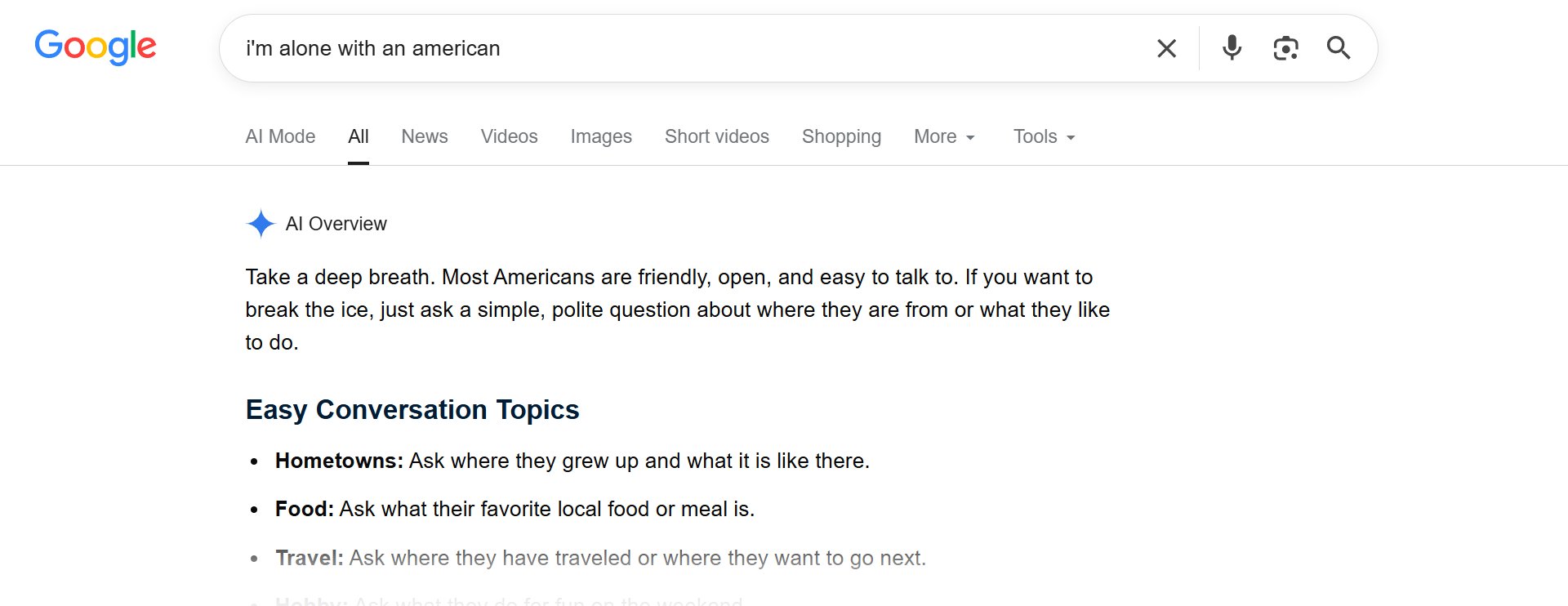 A Google search for "I'm alone with an American" offered a non-offensive result.