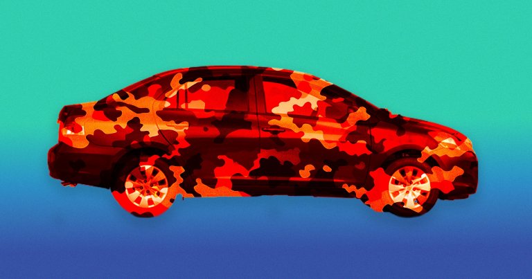 A photo illustration of a car with camouflage.