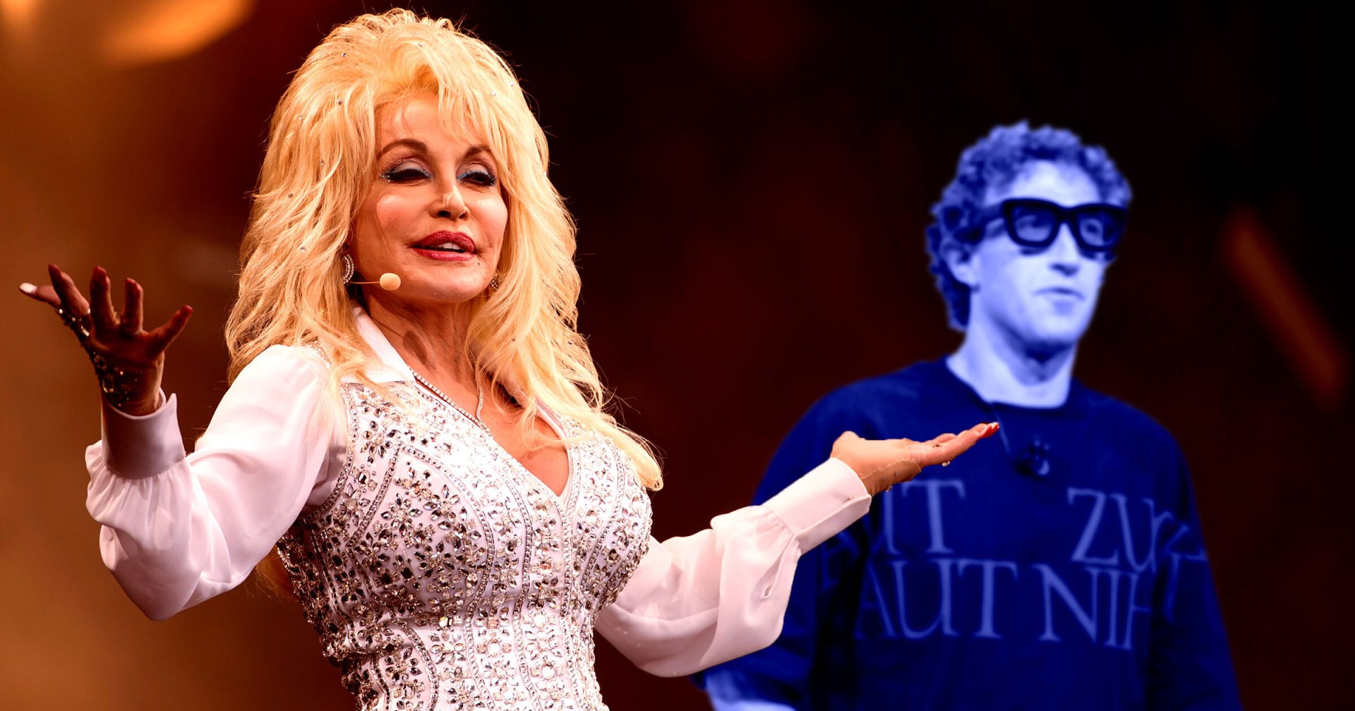 A photo illustration of Dolly Parton and Mark Zuckerberg.