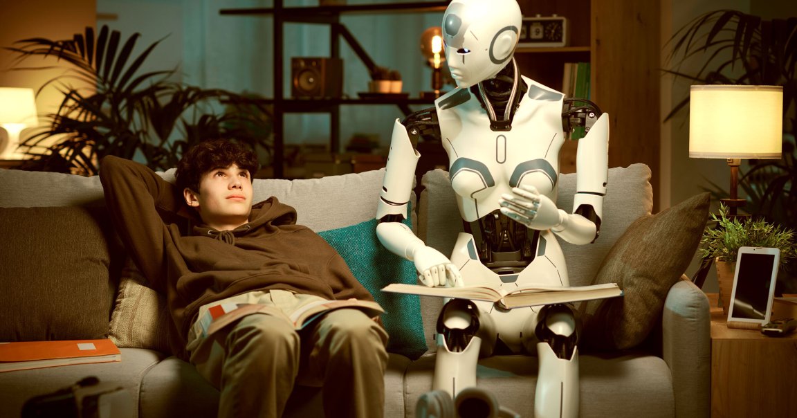 Humanoid AI robot helping a lazy distracted student with homework.