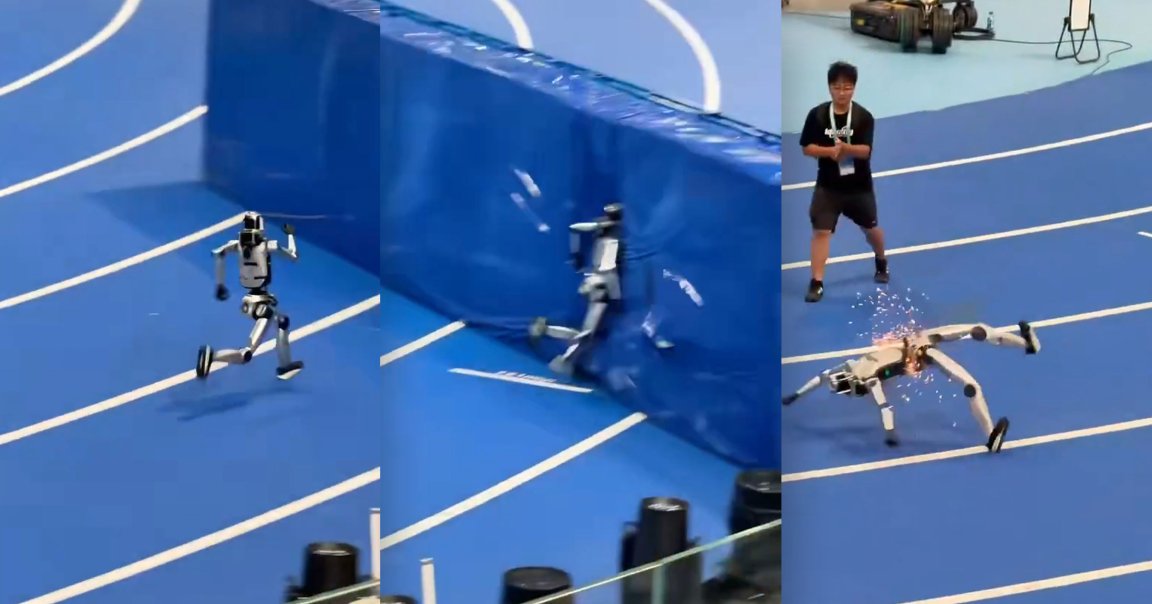 Screenshots of a video showing a humanoid robot bashing into a padded wall.