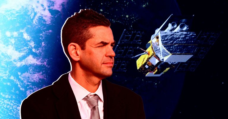 A photo illustration of NASA administrator Jared Isaacman in front of the Swift Observatory.