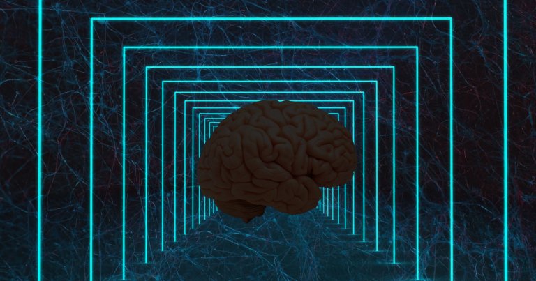 A photo illustration of a dark human brain in a simulated environment.