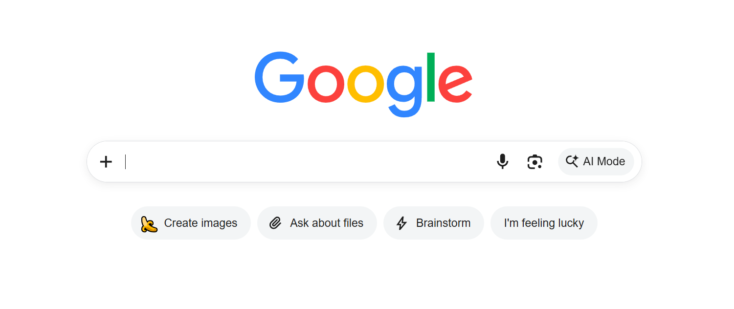 Screenshot showing Google's new homepage, featuring several AI buttons and no classic "Search" button.