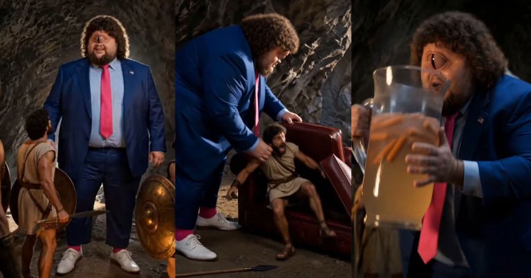 A triptych showing a large man with a single cyclopean eye wearing a blue suit, light blue shirt, and bright pink tie. In the first panel, he stands in a cave facing two smaller men dressed as ancient warriors with shields and swords. In the second panel, he is bending down, grabbing one of the smaller men who is sitting on a red armchair, looking surprised. In the third panel, the cyclopean man is holding a large glass pitcher filled with a light-colored liquid and carrots, appearing to offer it to someone. The setting appears to be a rocky cave.