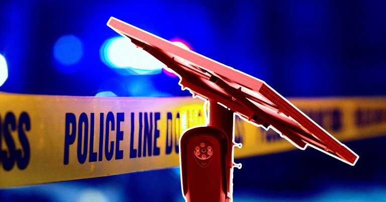 A photo illustration of a Flock camera in front of police tape.