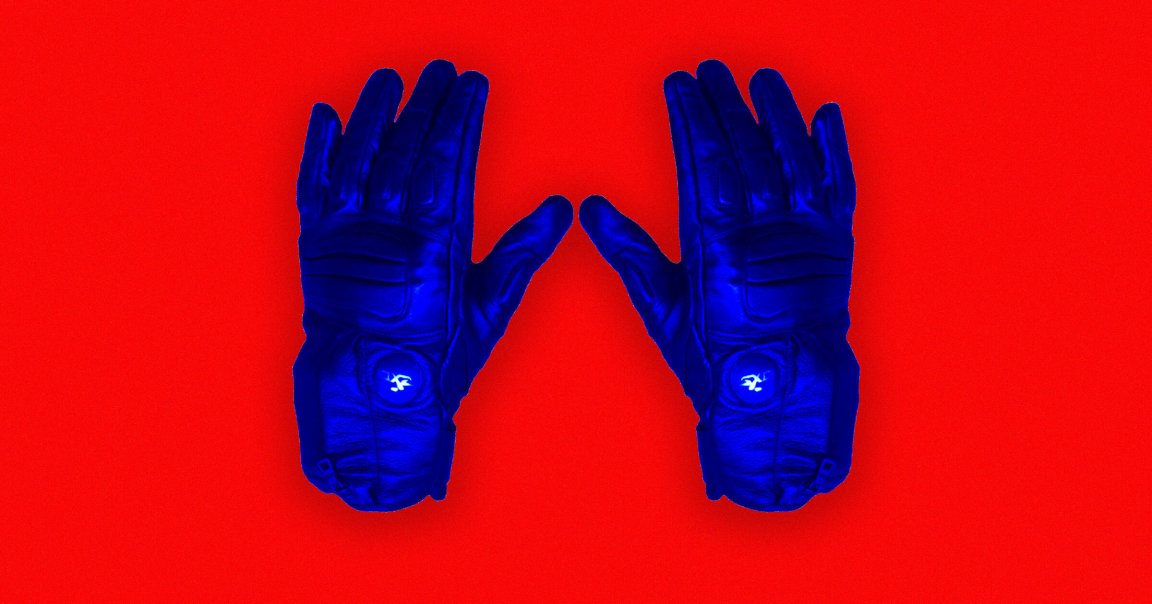 A photo illustration of gloves that send electrical pulses.