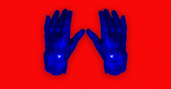 A photo illustration of gloves that send electrical pulses.
