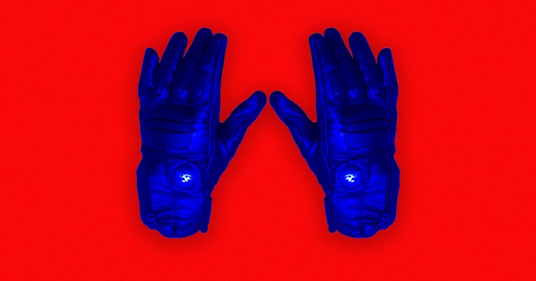 A photo illustration of gloves that send electrical pulses.