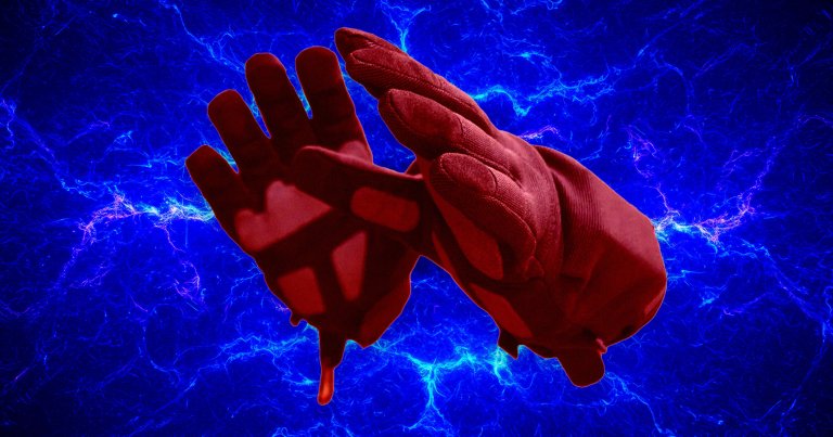 A pair of red gloves with padded sections on the fingers and palms, set against a vibrant blue background with electric or lightning-like patterns.