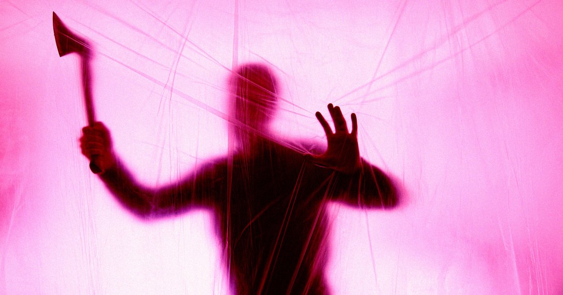 A color-treated photo of a man's silhouette holding an axe behind a plastic sheet.
