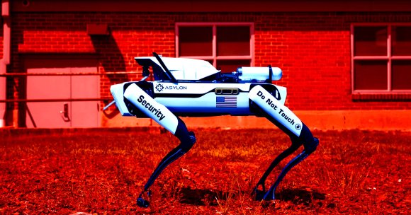 A color-treated photo of a robot dog by the company Asylon Robotics.