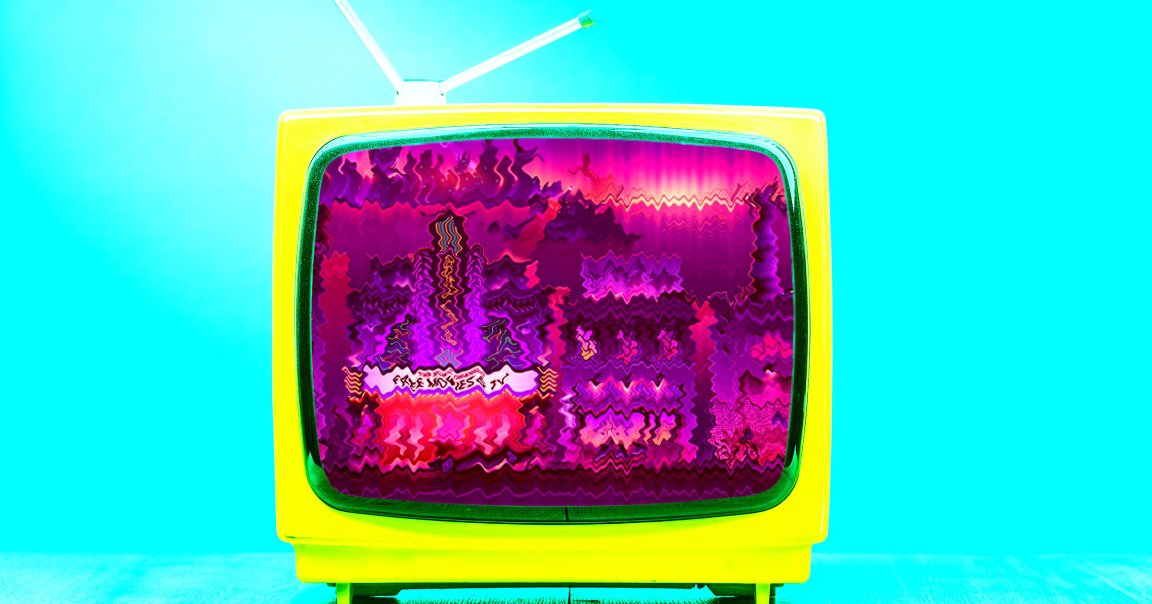 A photo illustration of an old timey TV showing a distorted version of Roku City.