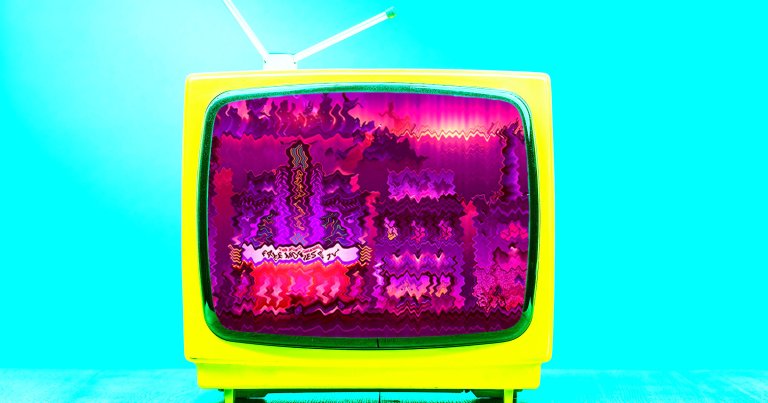 A photo illustration of an old timey TV showing a distorted version of Roku City.