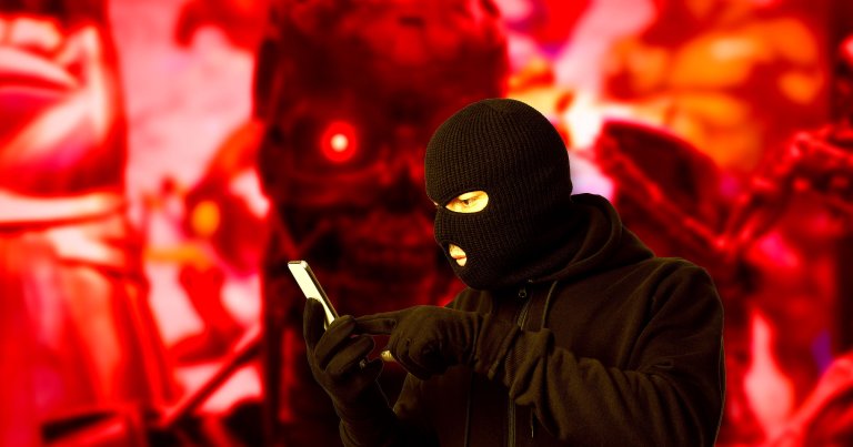 A photo illustration of a scammer in front of a blurry picture of an evil robot.