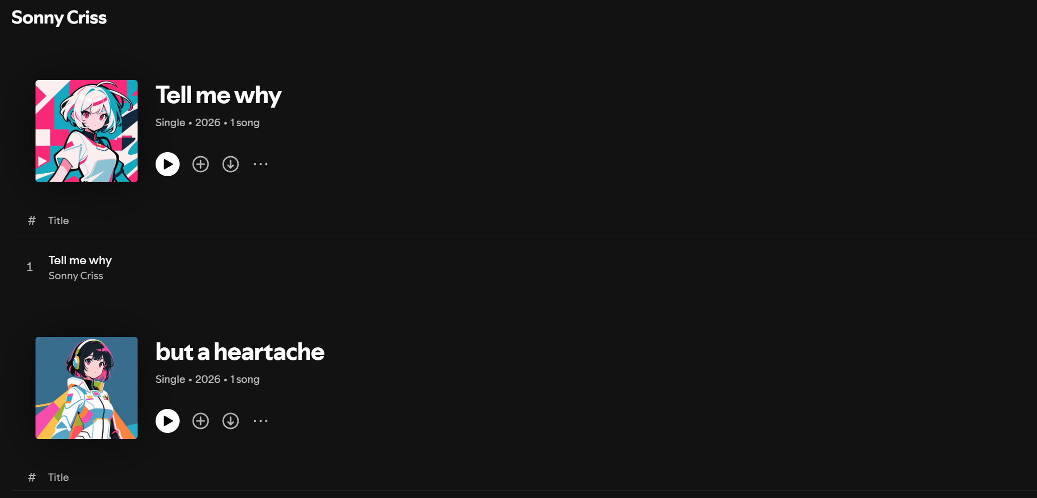 A screenshot from the Spotify artist profile of Sonny Criss, showing two new singles featuring AI-generated anime girls.