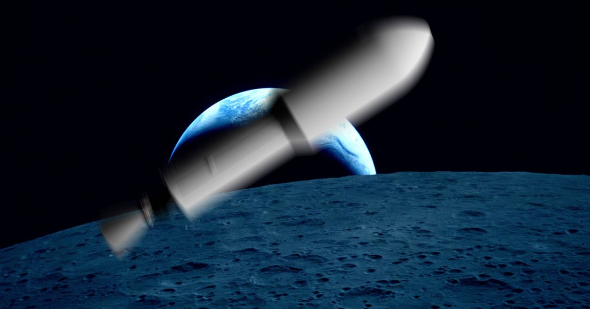 A photo illustration showing a SpaceX rocket crashing on the Moon.