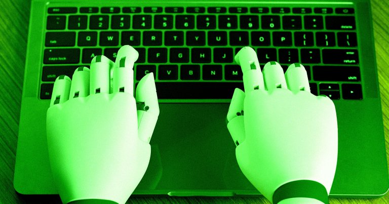A color-treated photo illustration of robot hands typing.