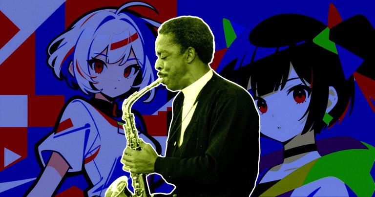 A photo collage of jazz musician Sonny Criss with AI waifus in the background.