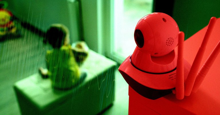 A photo illustration of a toddler being recorded by a camera.