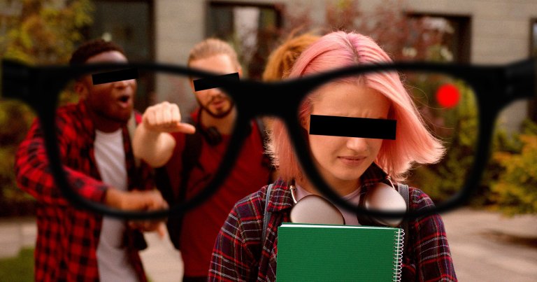A photo illustration of a teen filming a girl in distress at school using smart glasses.