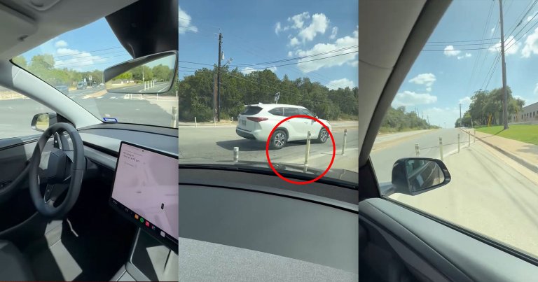 Screenshots of a video of a self-driving Tesla robotaxi smashing through bollards.