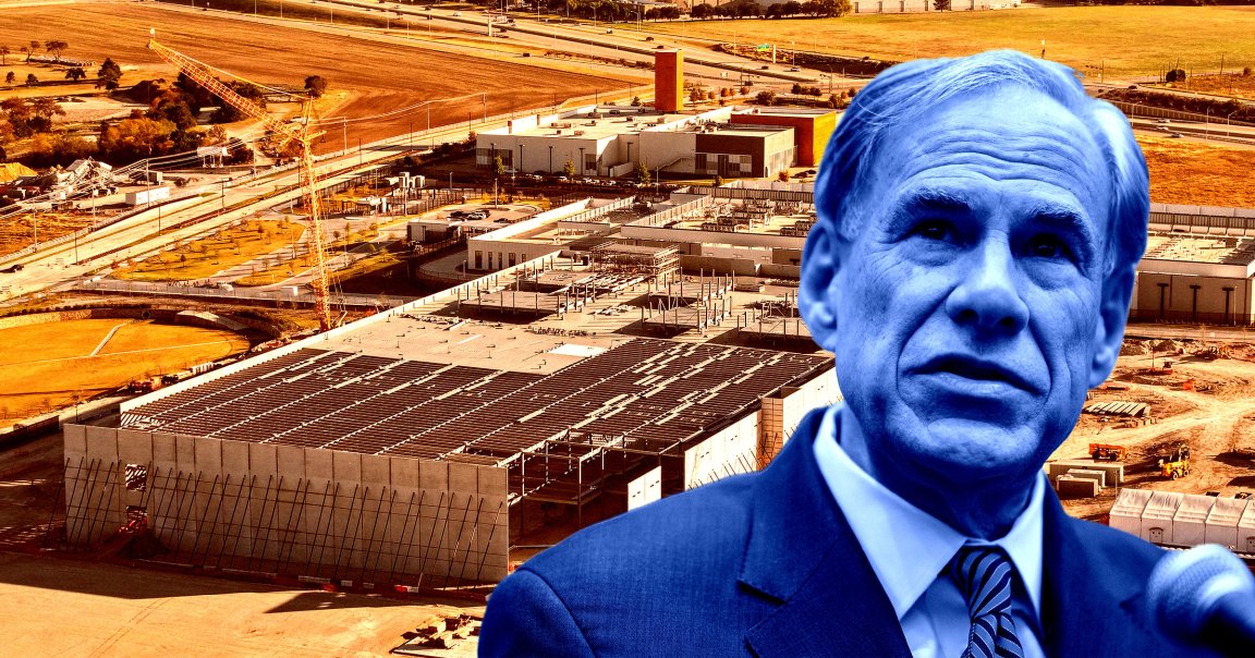 A photo illustration of Texas governor Greg Abbott in front of a shot of a data center construction.