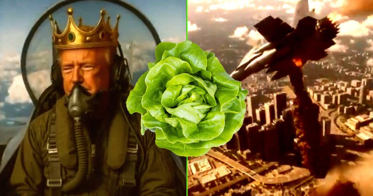A photo illustration of Donald Trump flying a plane and a head of lettuce.