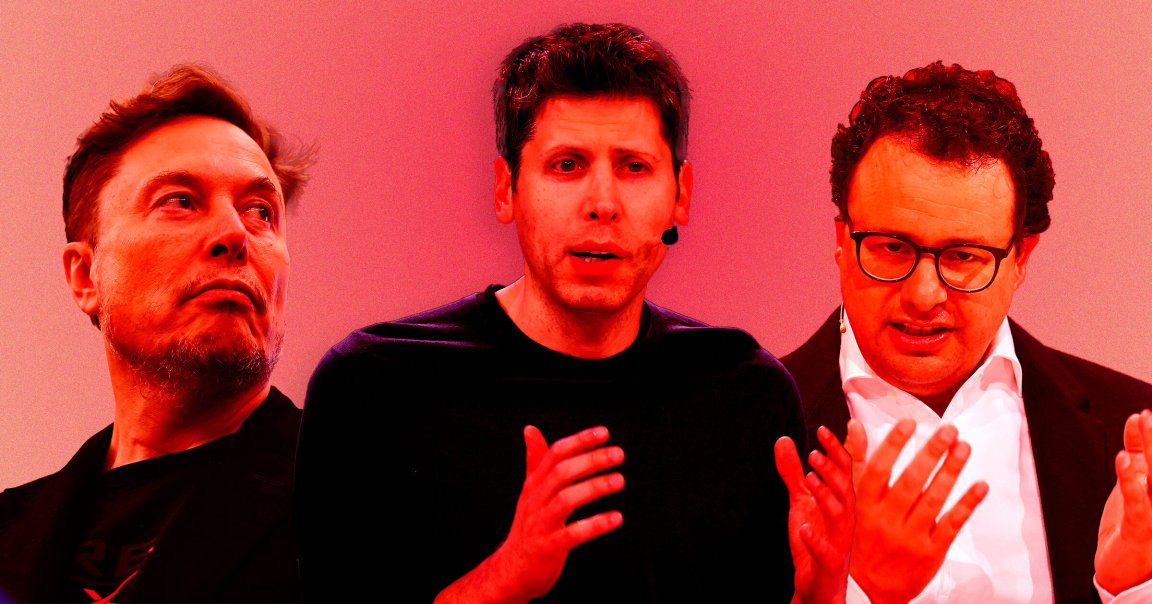 A collage of AI CEOs Elon Musk, Sam Altman, and Dario Amodei.