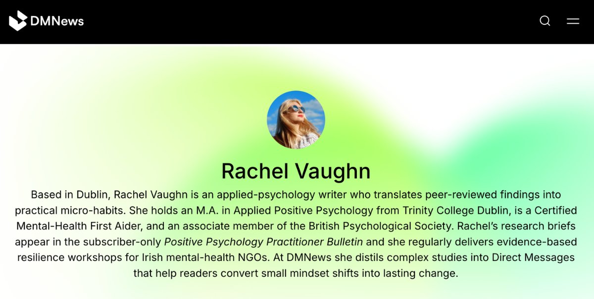 The bio of "Rachel Vaughn," a fake psychologist and writer at the website DM News.