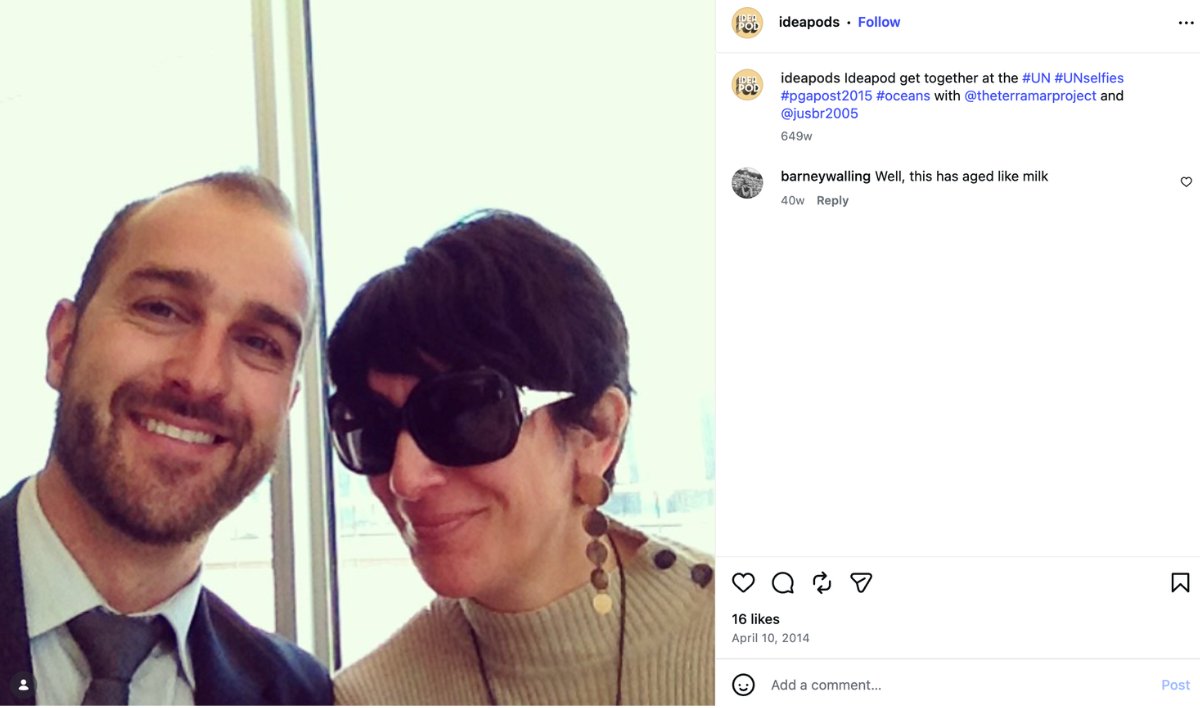 An Instagram photo shared by @Ideapods showing a selfie of Justin Brown and Ghislaine Maxwell