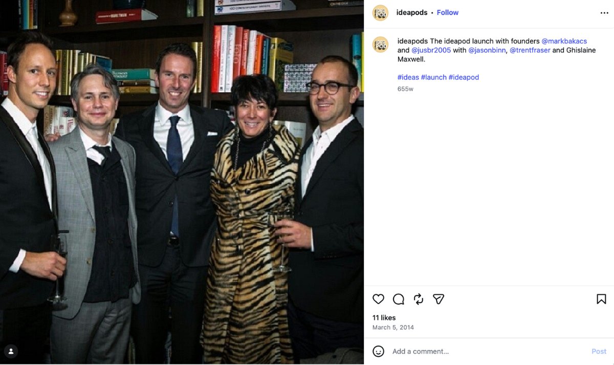 An Instagram photo shared by @Ideapods showing Mark Bakacs, Jason Binn, Trent Fraser, Ghislaine Maxwell, and Justin Brown