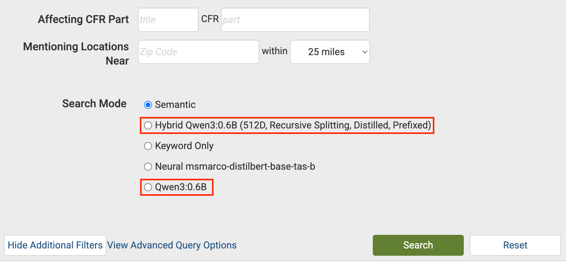 A screenshot of the Federal Reserve's search interface, featuring two options to search using Qwen, which are highlighted in red.