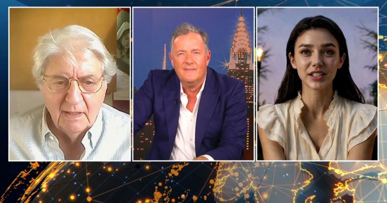 A screenshot of an interview between AI "actress" Tilly Norwood and Piers Morgan.