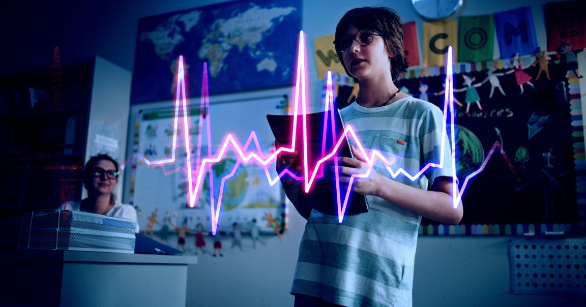 A photo illustration of a child giving a presentation.