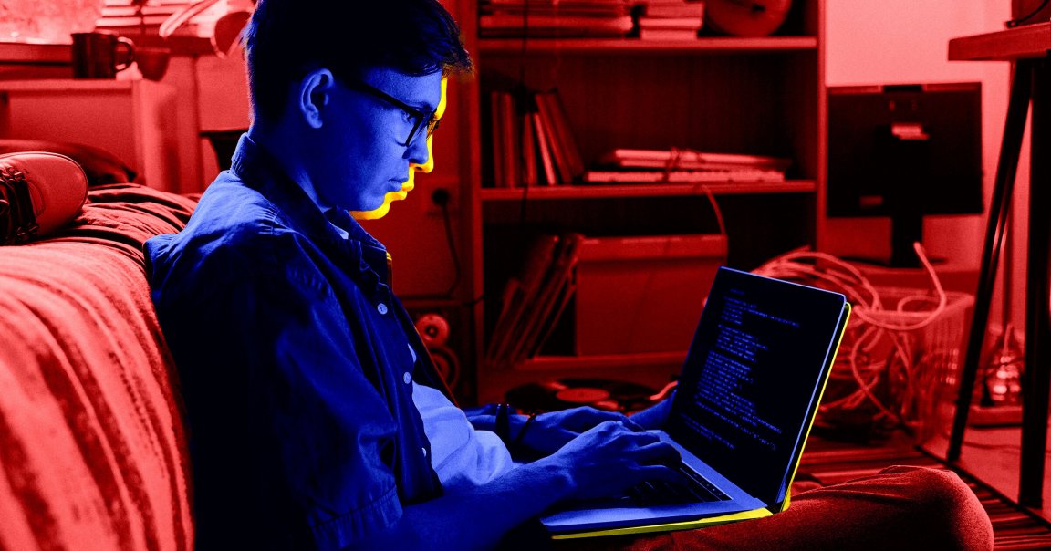 A photo illustration of a student on a laptop.