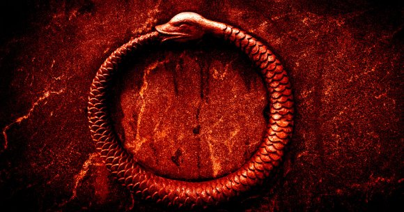 A color-treated photo of a snake eating its own tail.