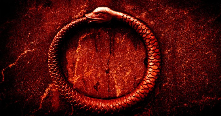 A color-treated photo of a snake eating its own tail.