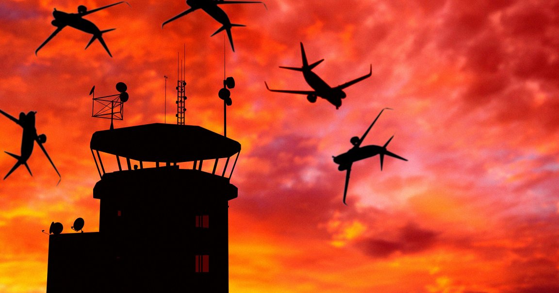 A photo illustration of an air traffic control tower with airplanes around it.