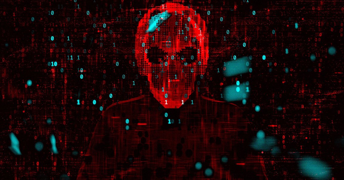 A photo illustration of a skull surrounded by code.