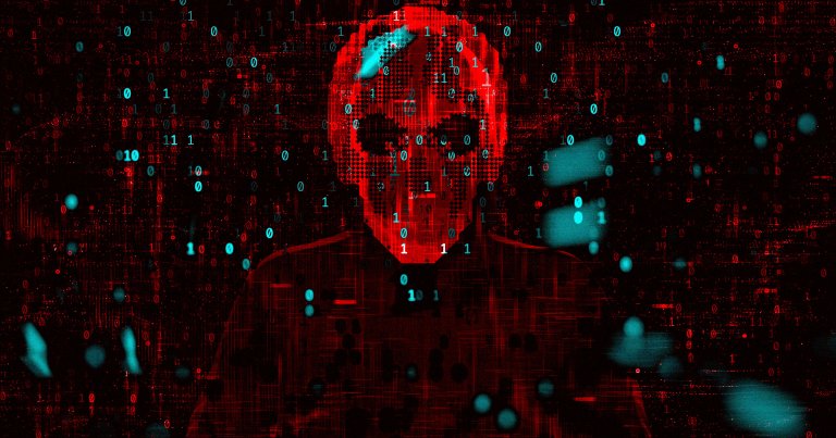 A photo illustration of a skull surrounded by code.