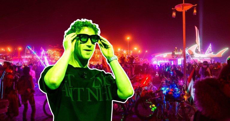A man with curly hair wearing large black sunglasses and a dark shirt is highlighted with a green tint and white outline in the foreground. Behind him is a vibrant nighttime festival scene with colorful neon lights, decorated bicycles, and a crowd of people. There is a large illuminated art car shaped like a shark and a tall wooden pole with lanterns hanging from it. The atmosphere is lively and festive.