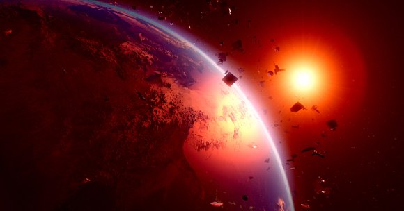 A photo illustration of space junk orbiting the Earth.