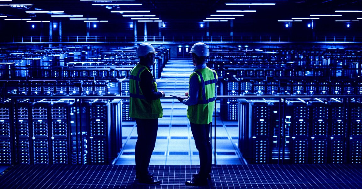 IT specialists talk inside a data center.