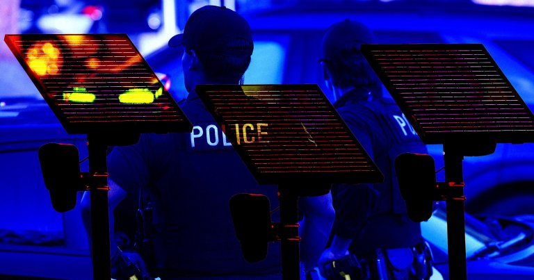 A photo illustration showing police officers and Flock camera poles.
