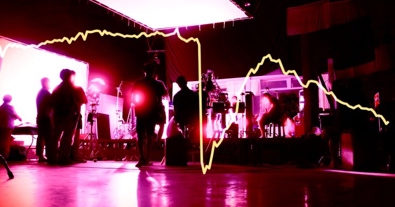 A photo illustration of a film set and a line graph.