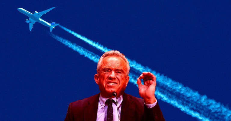 Health and Human Services Secretary Robert Kennedy Jr. in front of airplane "chemtrails."