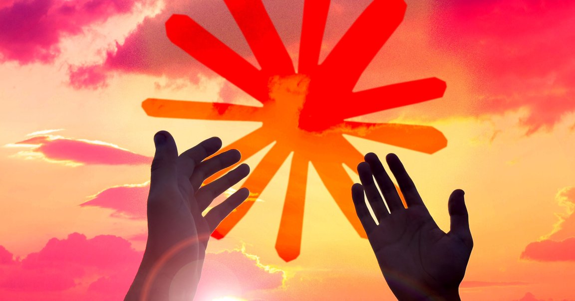 A pair of raised hands and the Anthropic Claude logo in the sky.