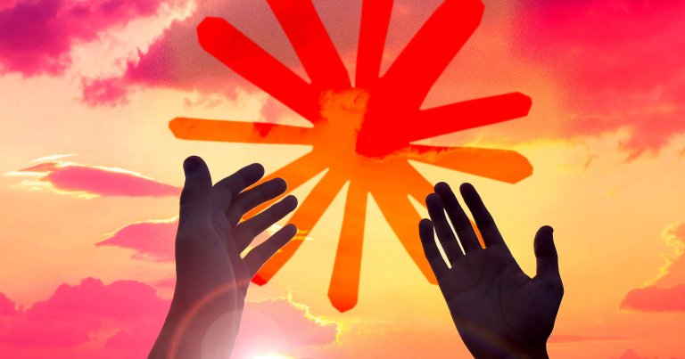 A pair of raised hands and the Anthropic Claude logo in the sky.